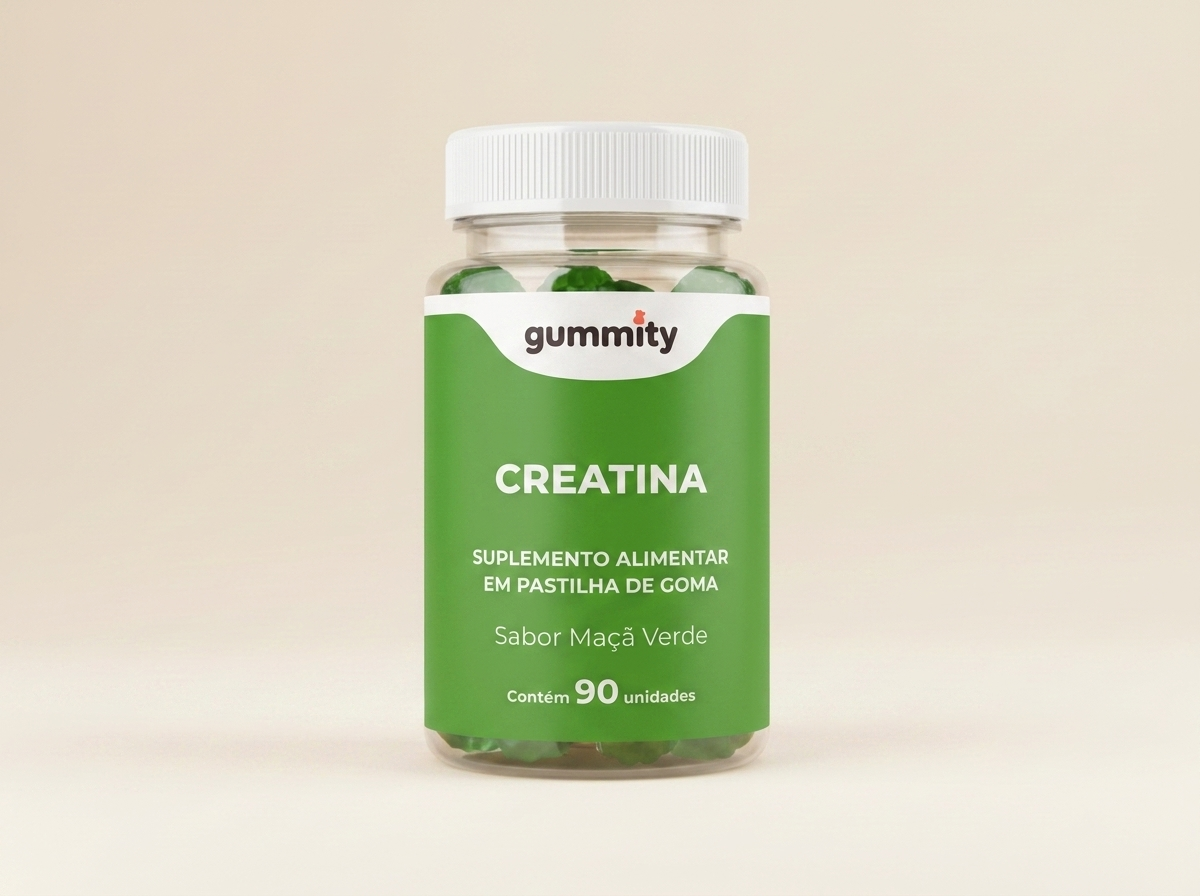 Frasco Gummity Creatina — mockup sobre pote CapsExpress 90un